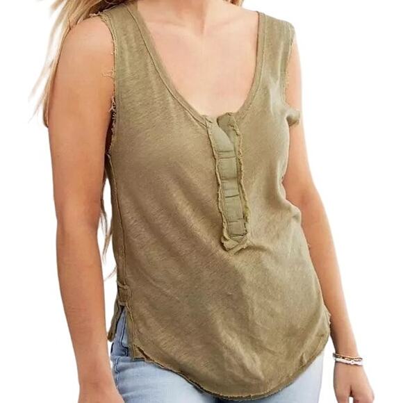 We The Free Vacay Tank Top Faux Henley Raw Edges Slit Scoop Linen Blue Small - Picture 1 of 5